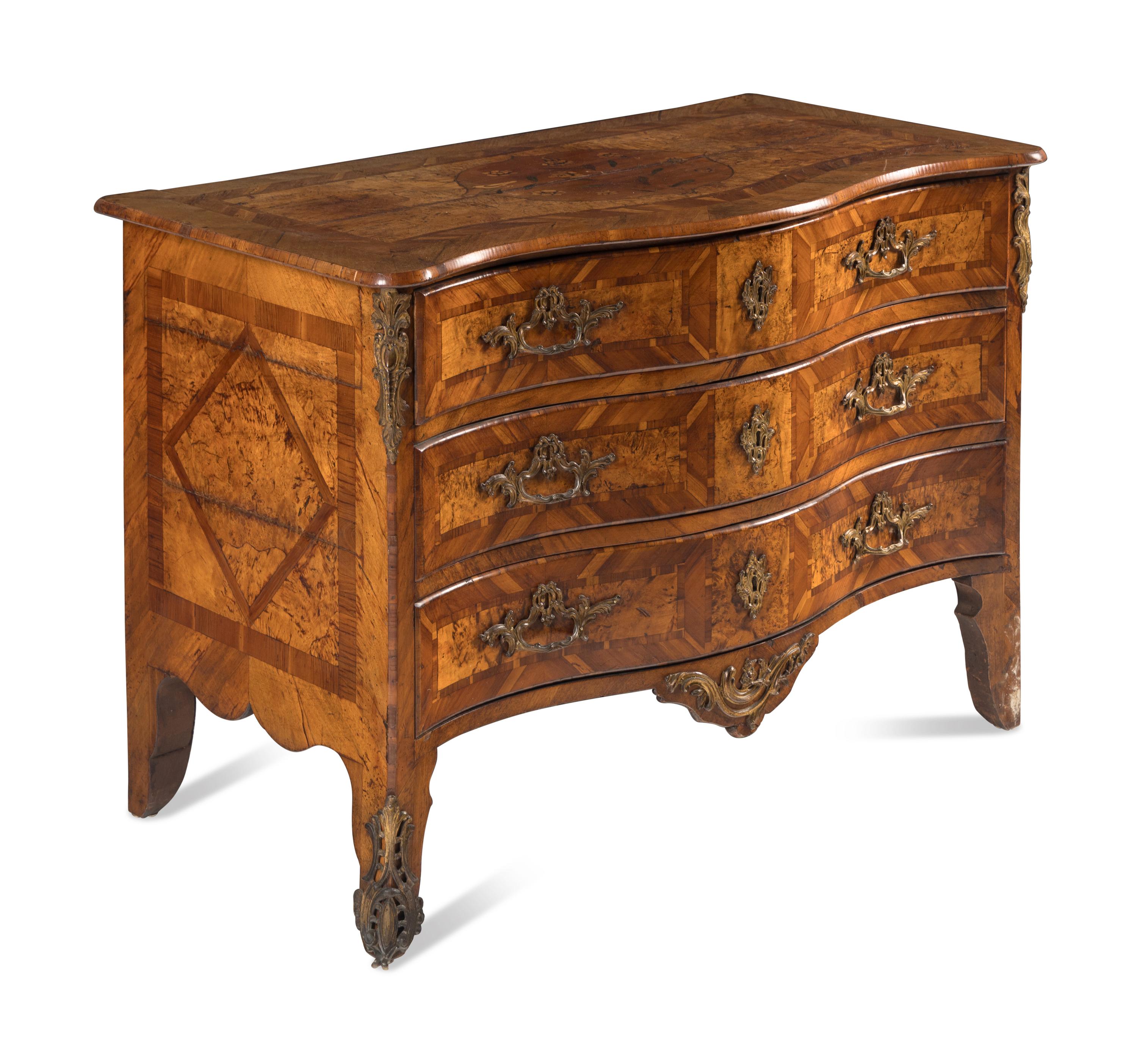 A Continental Gilt Bronze Mounted Burlwood Serpentine Commode