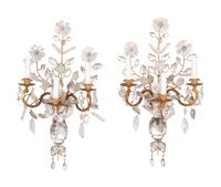 A Pair of Gilt Metal and Rock Crystal Three-Light Sconces
