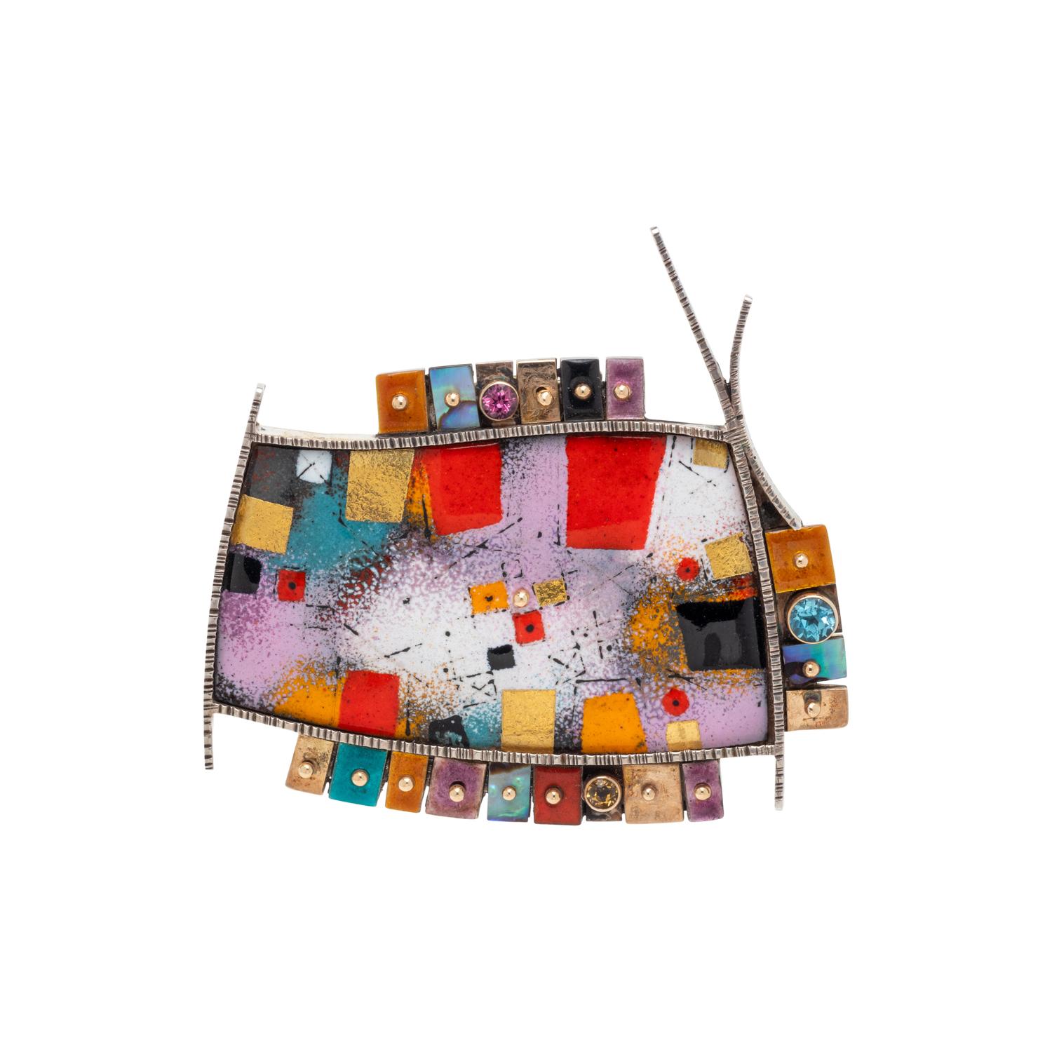 EARL PARDON, ENAMEL AND MULTIGEM BROOCH