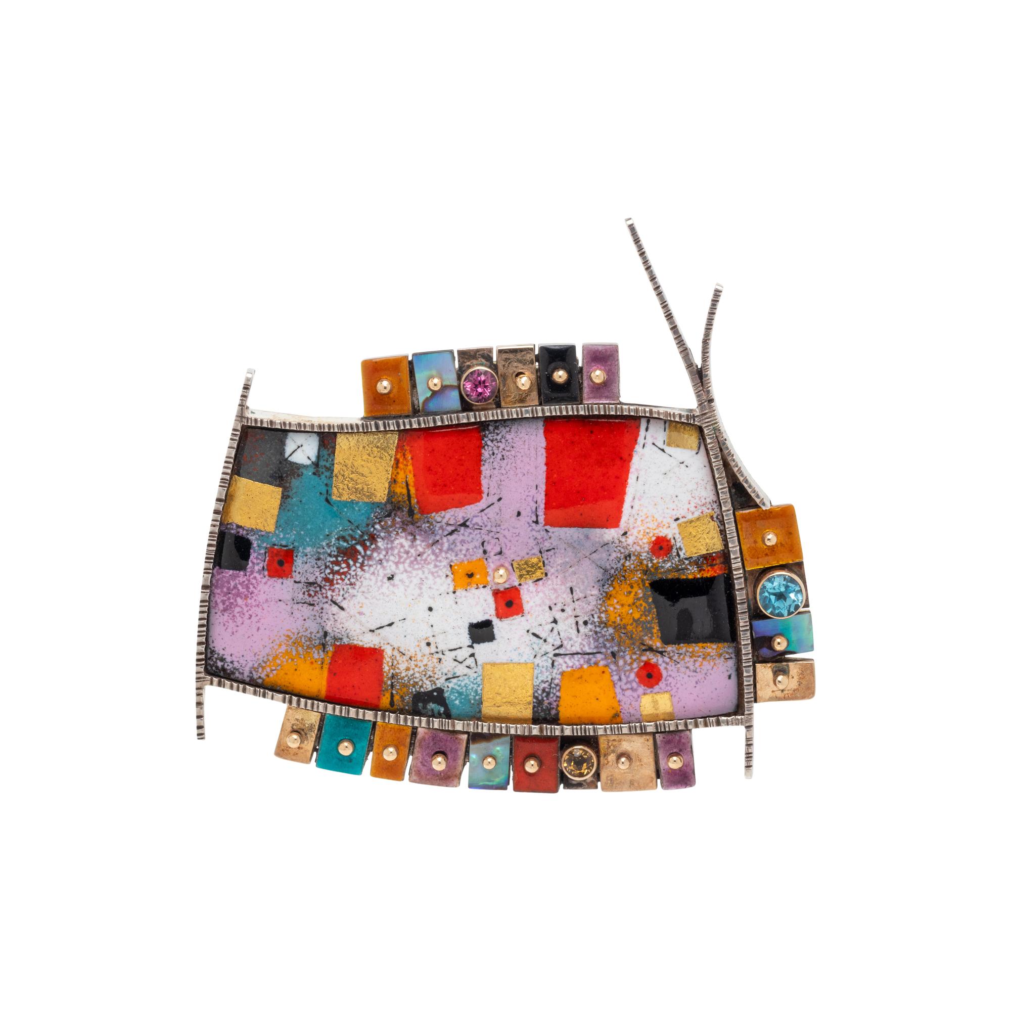 EARL PARDON, ENAMEL AND MULTIGEM BROOCH
