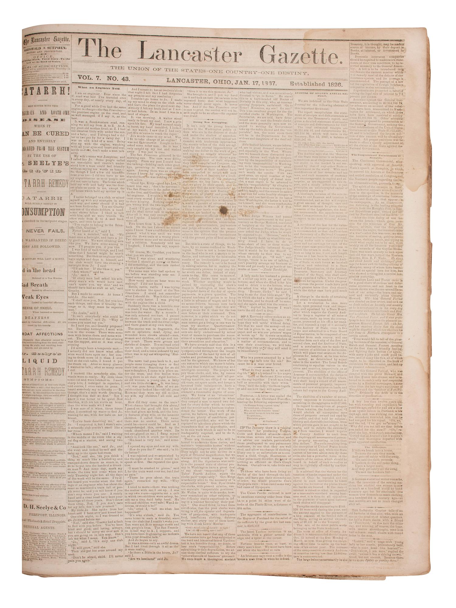 [CIVIL WAR]. Cincinnati Daily Gazette . 318 issues in 2 bound volumes. [ With :] Springfield Weekly Republic . 122 issues. Springfield, OH, 1864-1865. and Lancaster Gazette . 95 issues. Lancaster, OH, 1866-1867.