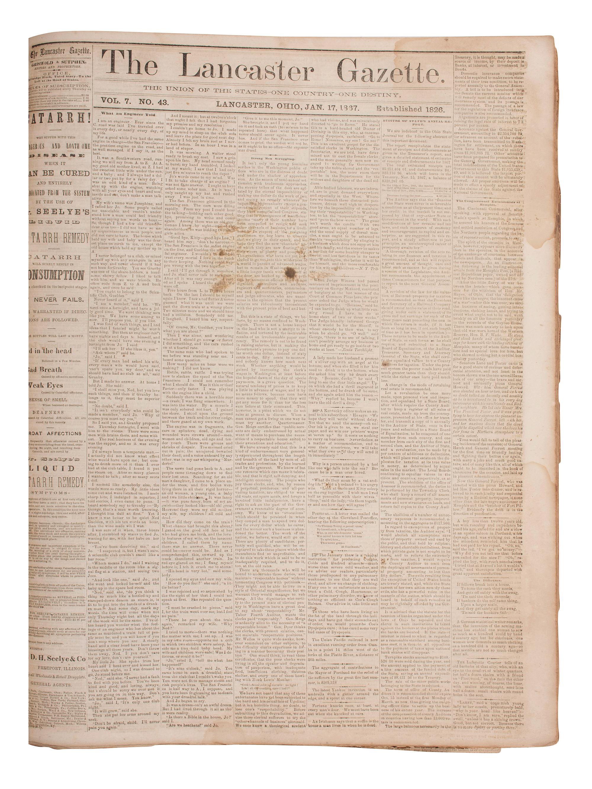[CIVIL WAR]. Cincinnati Daily Gazette . 318 issues in 2 bound volumes. [ With :] Springfield Weekly Republic . 122 issues. Springfield, OH, 1864-1865. and Lancaster Gazette . 95 issues. Lancaster, OH, 1866-1867.