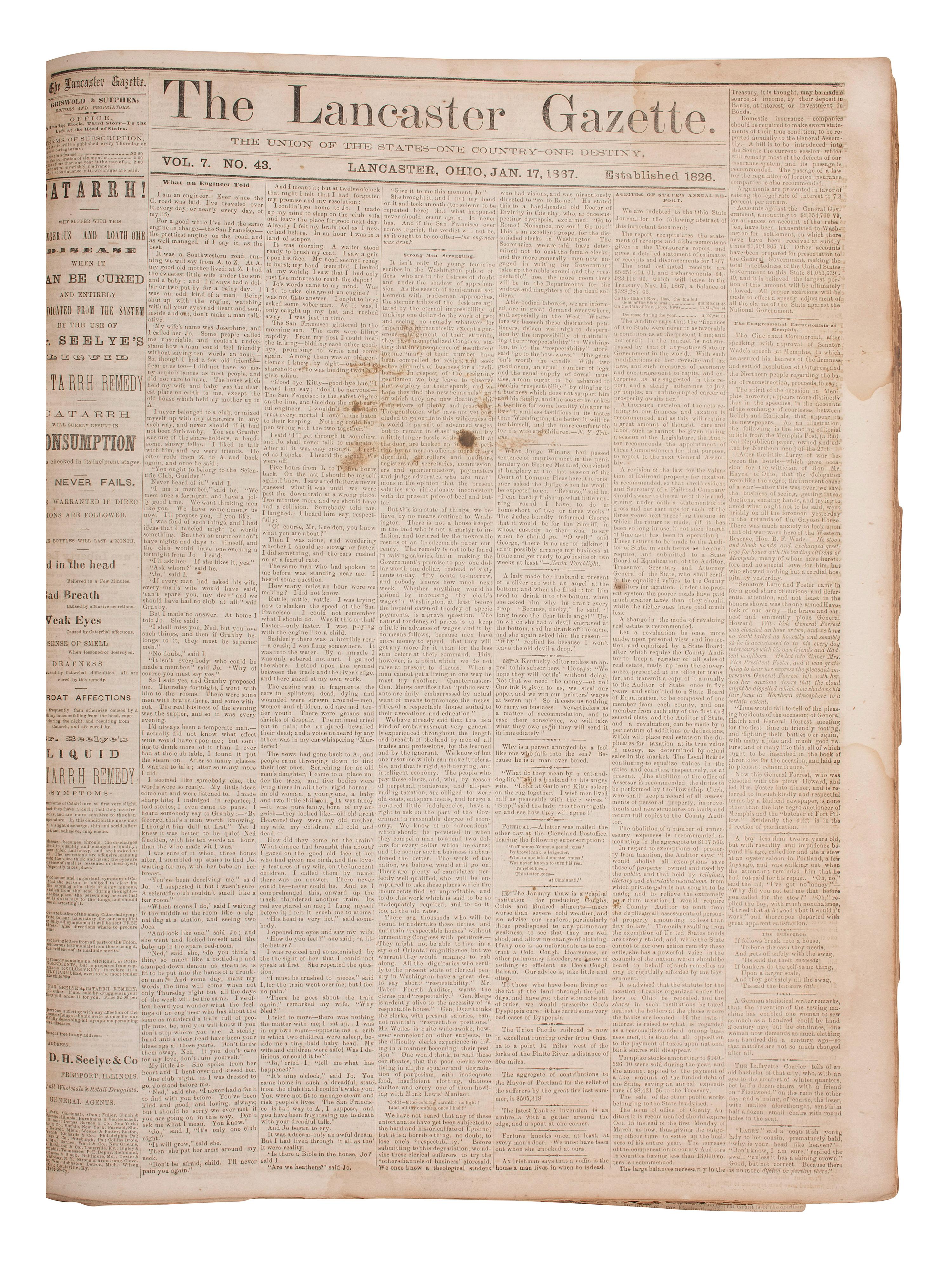 [CIVIL WAR]. Cincinnati Daily Gazette . 318 issues in 2 bound volumes. [ With :] Springfield Weekly Republic . 122 issues. Springfield, OH, 1864-1865. and Lancaster Gazette . 95 issues. Lancaster, OH, 1866-1867.