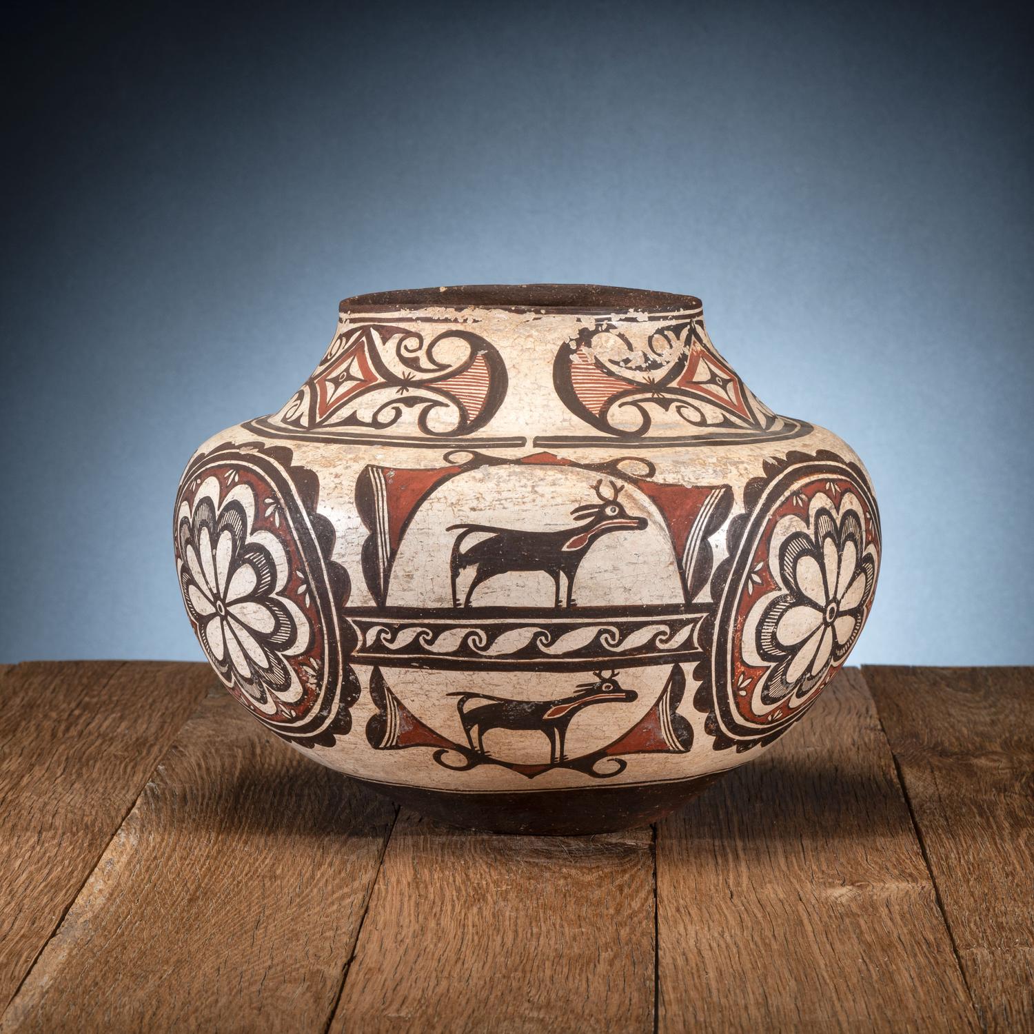 Zuni Polychrome Pottery Olla, with Heartline Deer