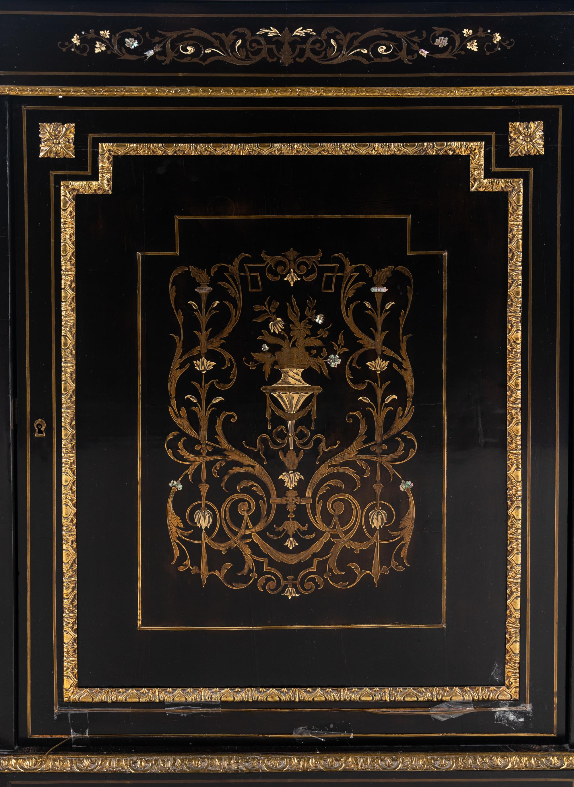 A Napoleon III Brass and Pewter Inlaid Ebonized Marble-Top Cabinet