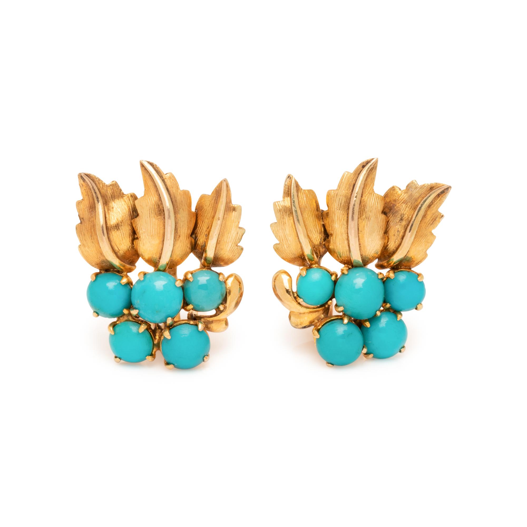 YELLOW GOLD AND TURQUOISE EARCLIPS