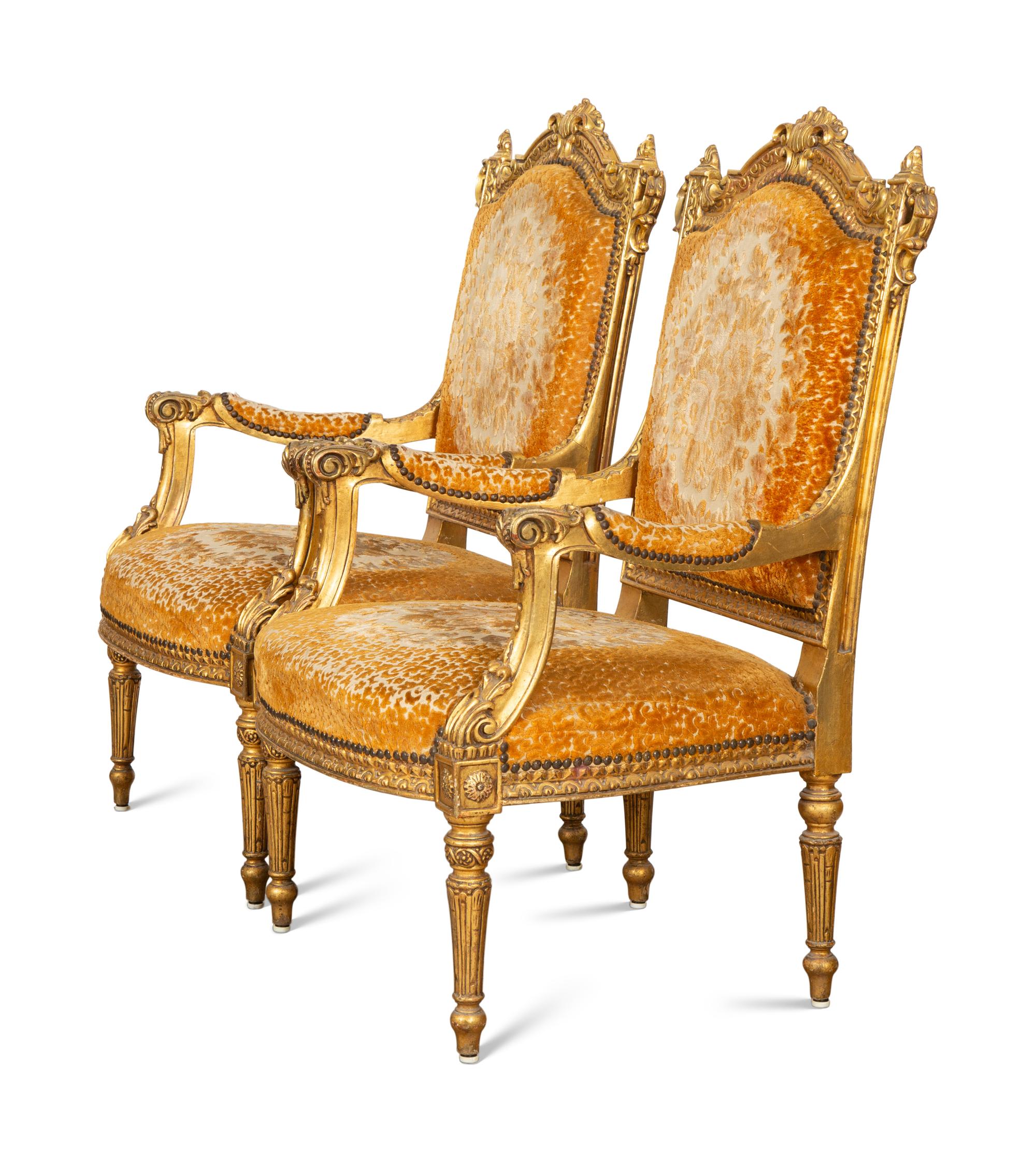 A Pair of Louis XVI Style Giltwood Fauteuils a la Reine
