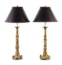 A Pair of Louis XV Style Gilt Bronze Mounted Table Lamps Height overall 30 inches. — 20TH CENTURY