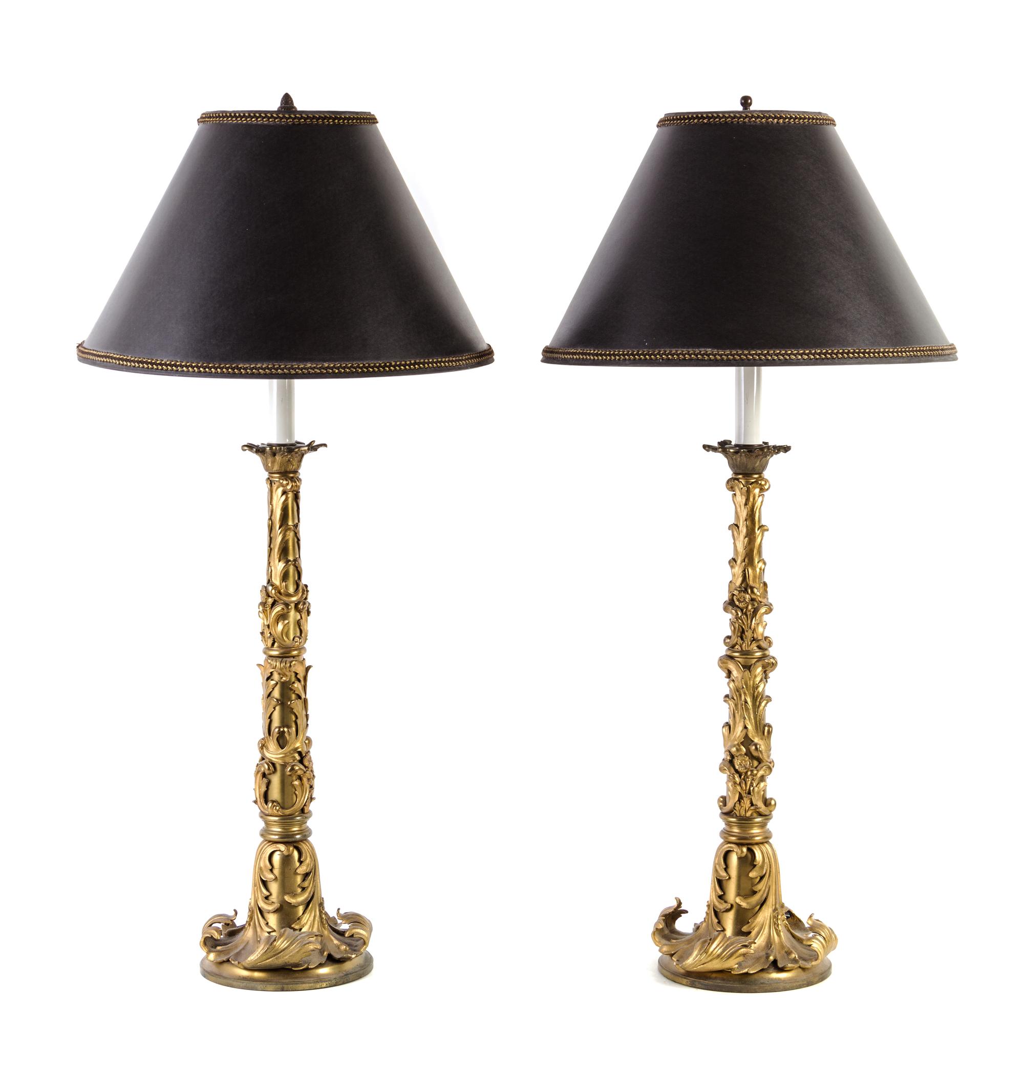 A Pair of Louis XV Style Gilt Bronze Mounted Table Lamps Height overall 30 inches. — 20TH CENTURY