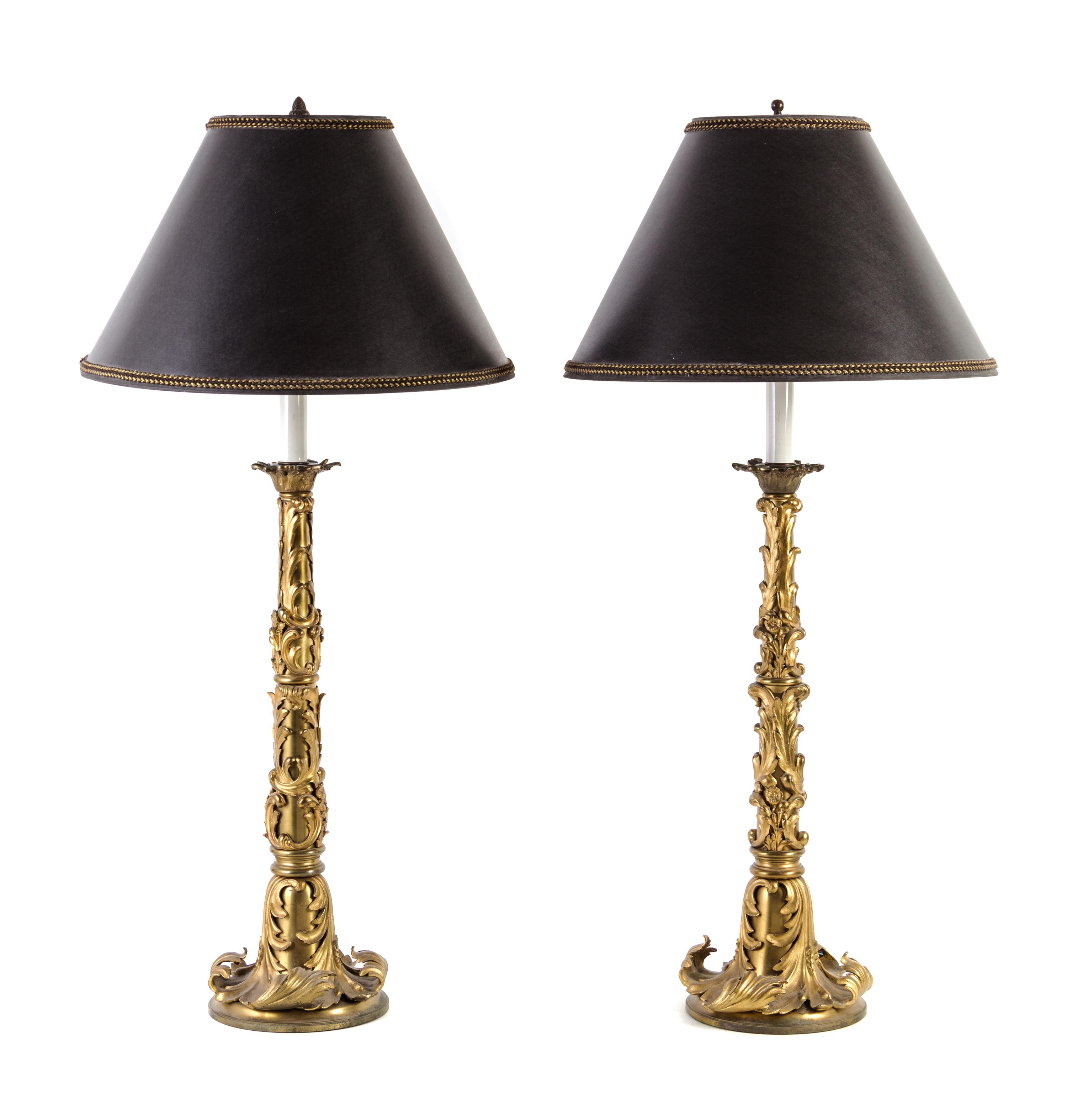 A Pair of Louis XV Style Gilt Bronze Mounted Table Lamps Height overall 30 inches. — 20TH CENTURY
