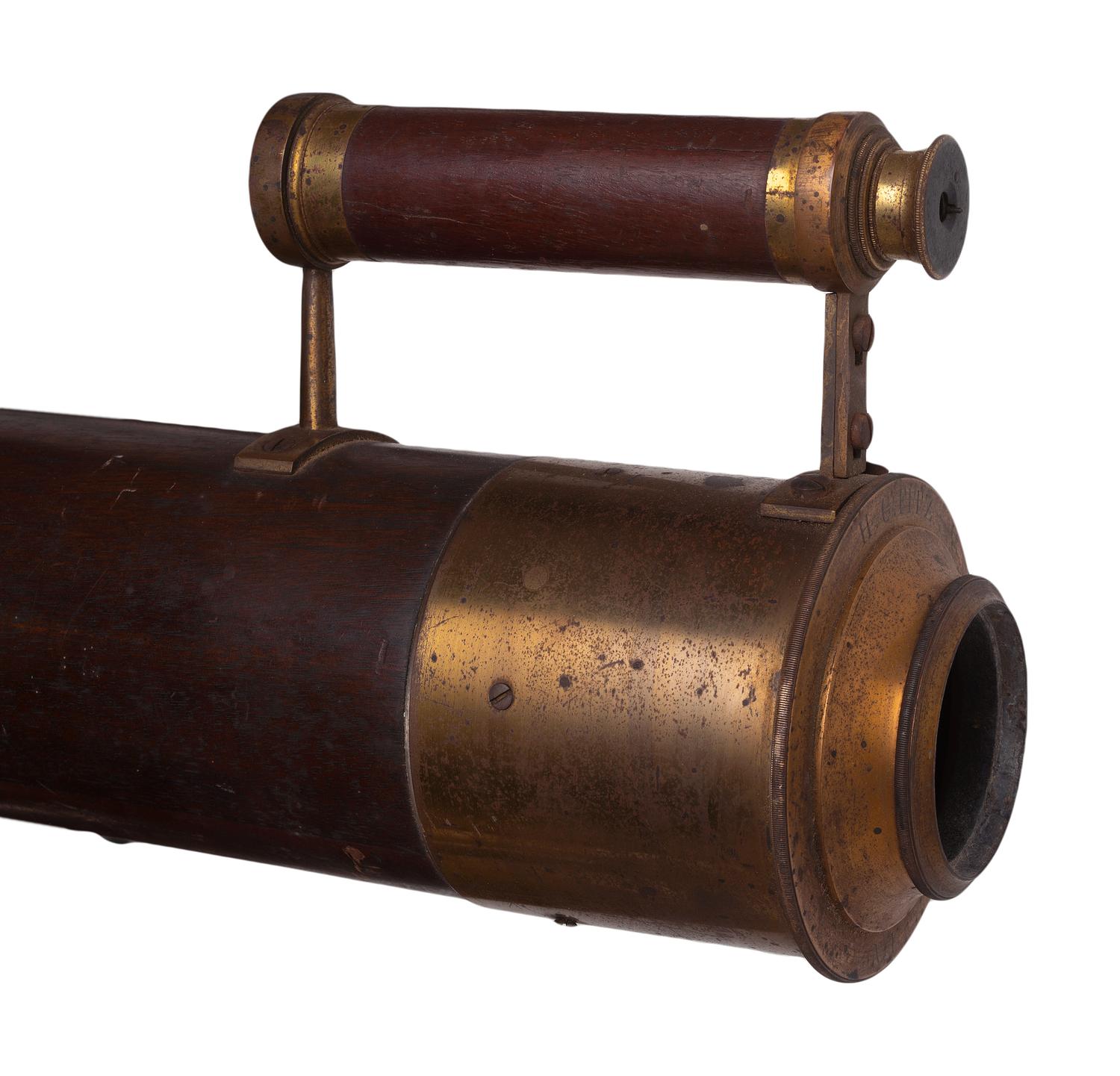 H.G. Fitz 4 1/8 inch telescope and tripod. Length of body tube 53 in. 19th century.