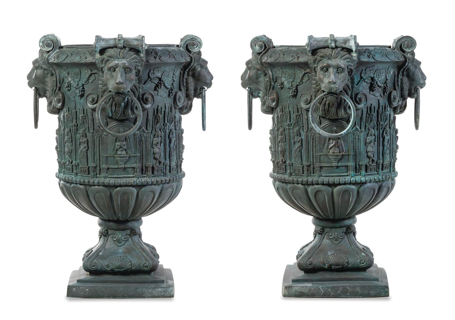 A Pair of Gothic Style Patinated Cast Iron Urns Height 33 inches. — 20TH CENTURY