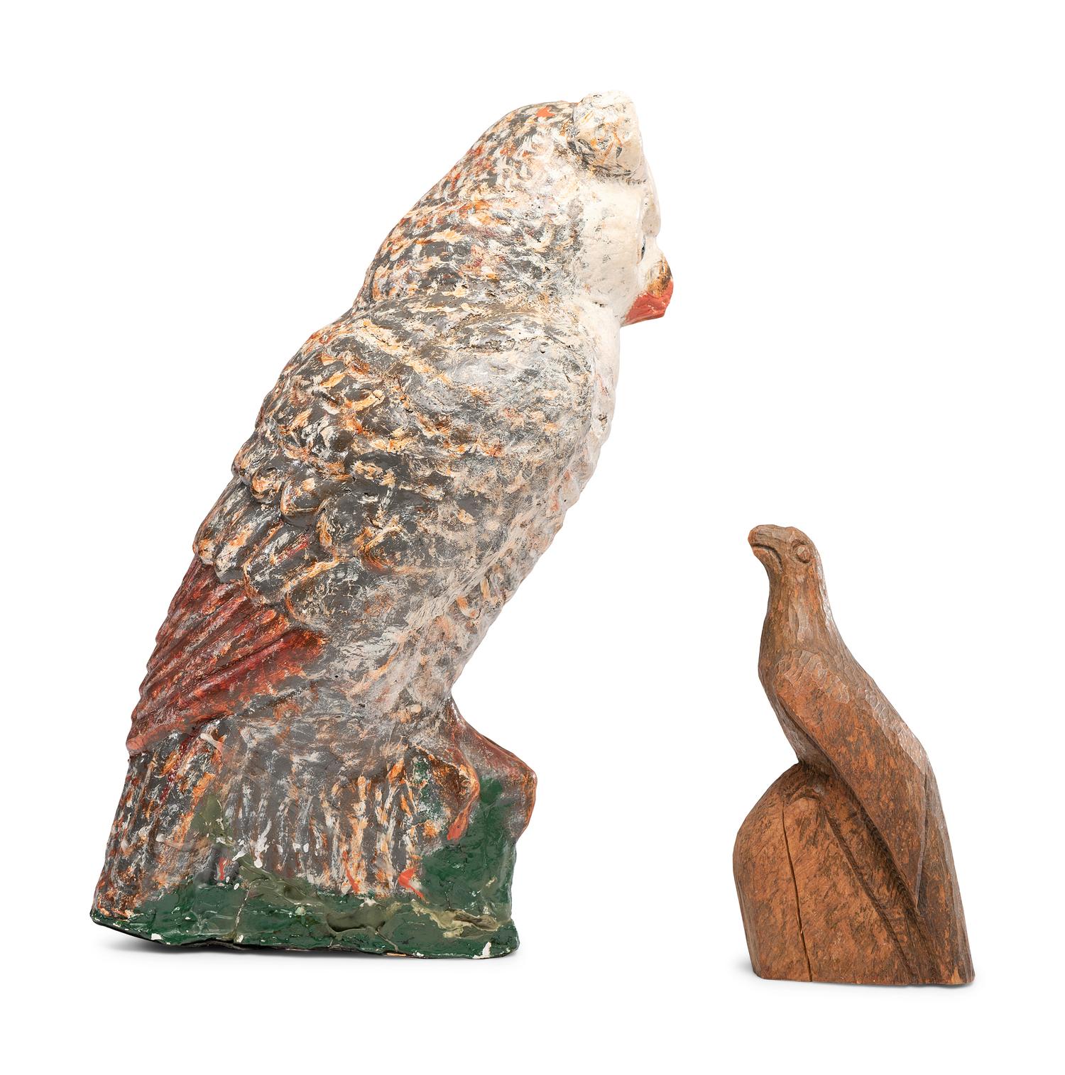 A Carved and Painted Plaster Owl and a Carved Wooden Eagle