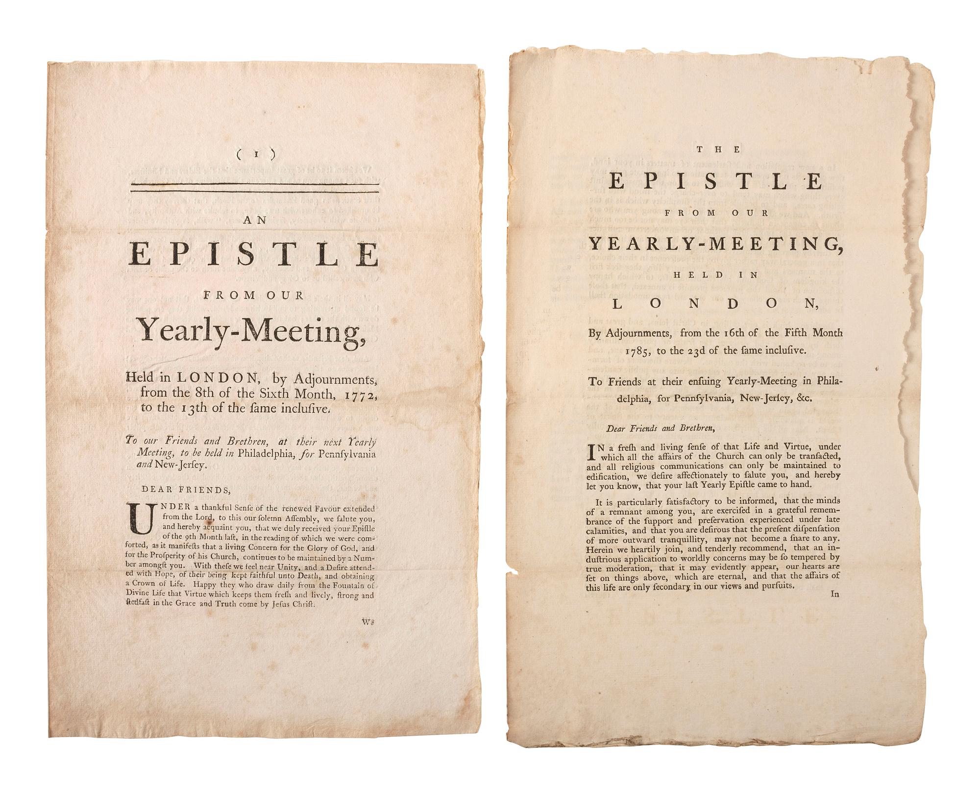 [QUAKERIANA] -- [AFRICAN AMERICANA]. A group of 27 epistles from Quaker Yearly Meetings.