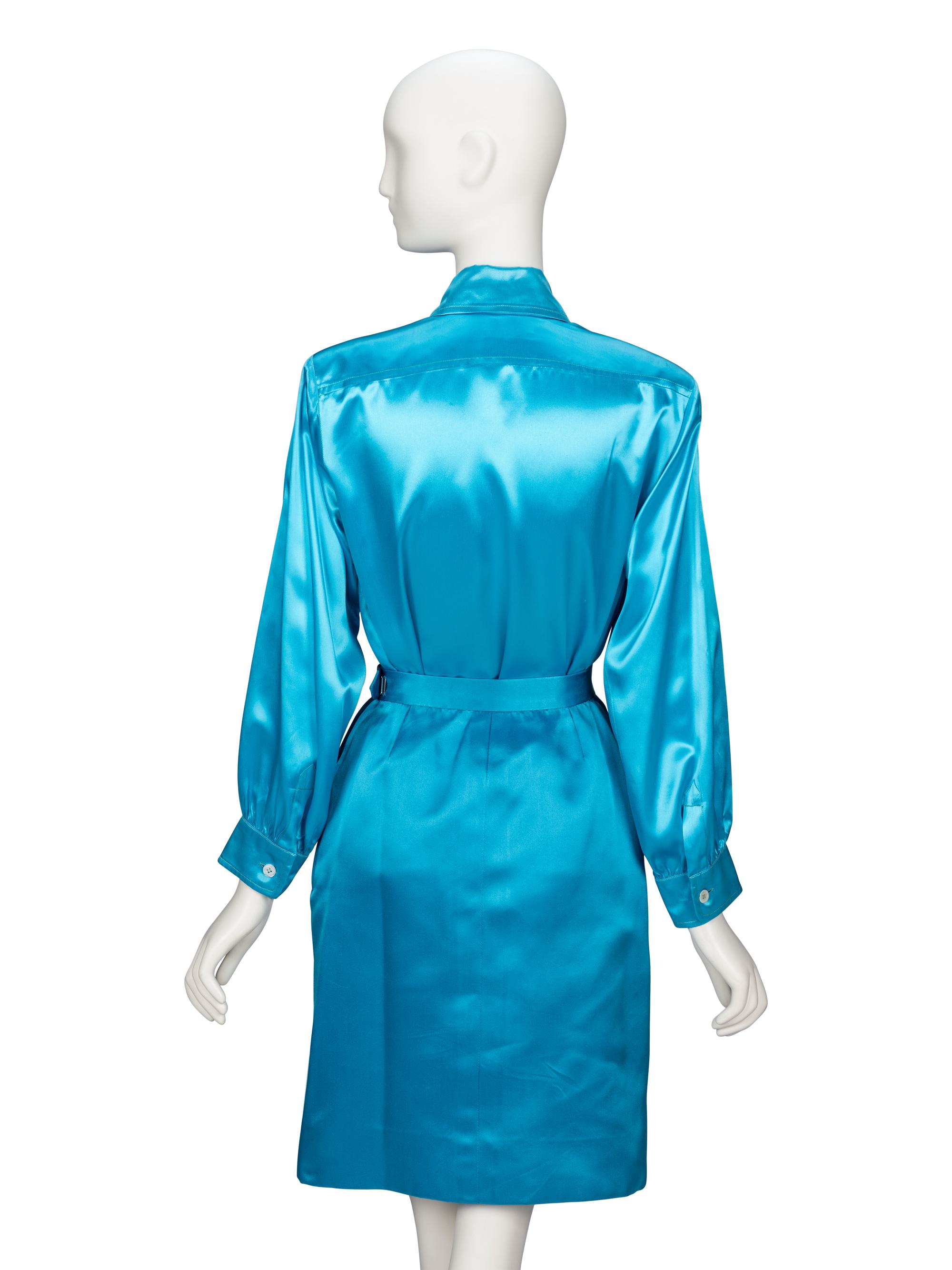 Saint Laurent Rive Gauche, Aqua Satin Skirt Ensemble