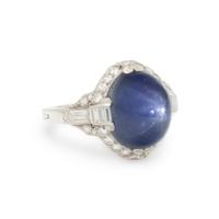 ART DECO, STAR SAPPHIRE AND DIAMOND RING