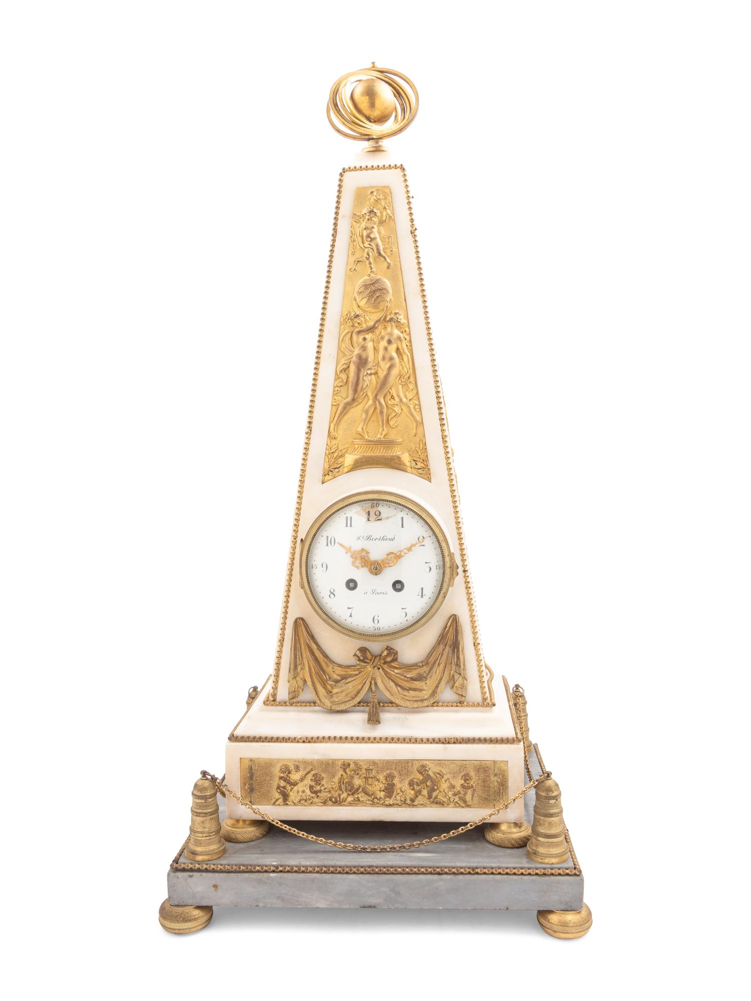 A Late Louis XVI or Directoire Gilt Bronze and Marble Obelisk Clock and Stand