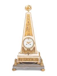 A Late Louis XVI or Directoire Gilt Bronze and Marble Obelisk Clock and Stand