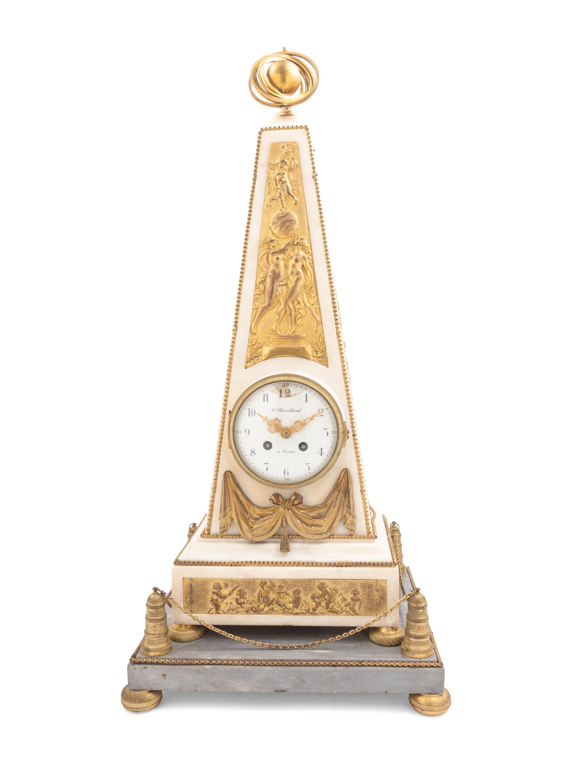 A Late Louis XVI or Directoire Gilt Bronze and Marble Obelisk Clock and Stand