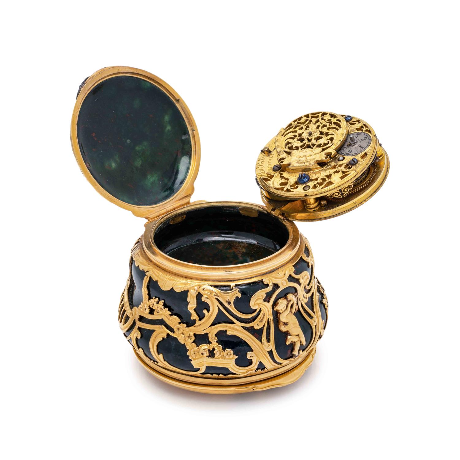 A George III Gold and Jewel Mounted Carved Bloodstone Clock-Inset Snuff Box