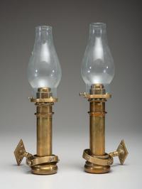 A Pair of Brass Gimballed Ship's Wall Oil Lamps with Hurricane Shades
