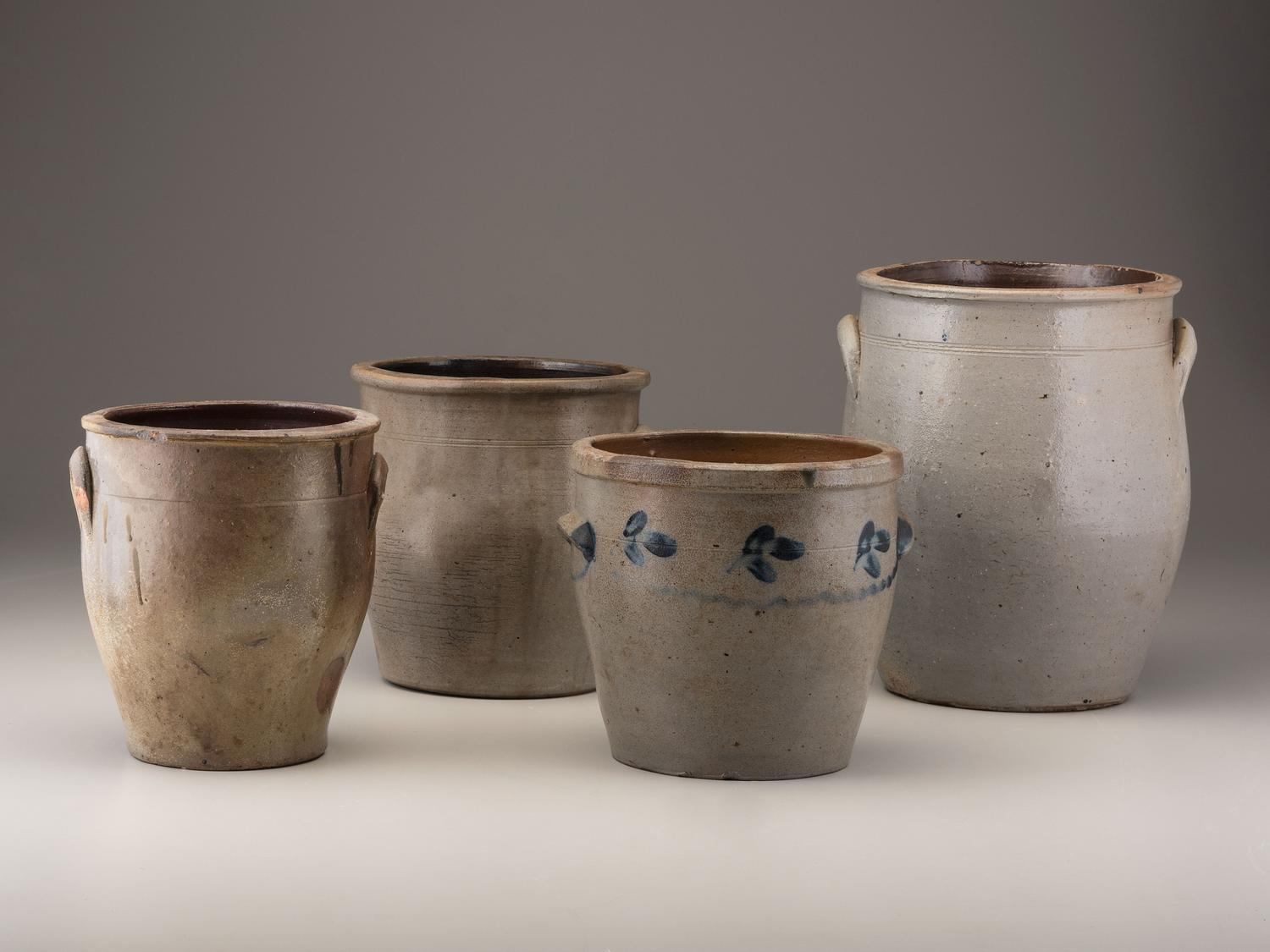 Four Cobalt Decorated Stoneware Crocks