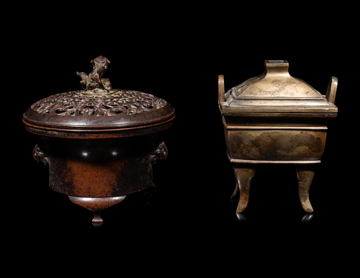 Two Chinese Bronze Incense Burners and Covers