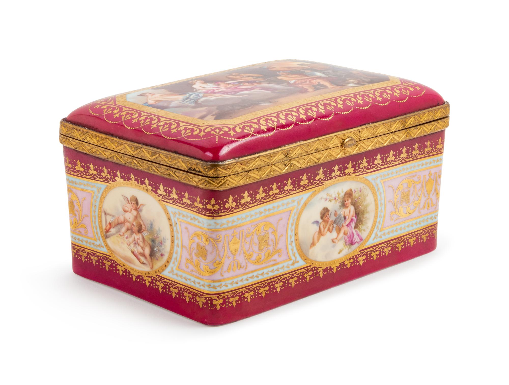 A Vienna Gilt Metal Mounted, Painted and Parcel Gilt Porcelain Table Casket