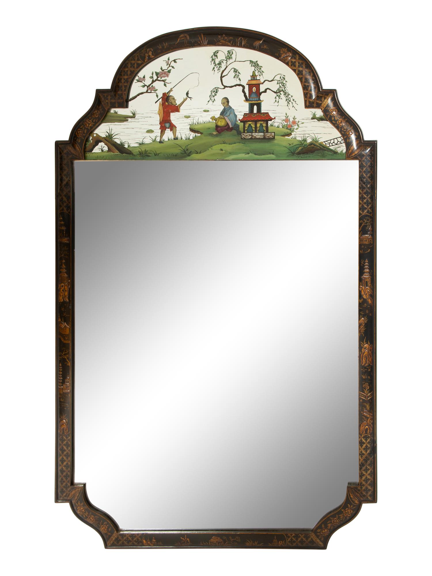 A Regency Style Black Lacquer Chinoiserie Framed Mirror with Reverse Painted Panel