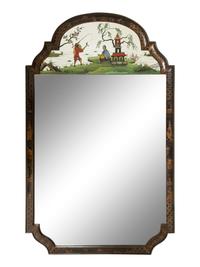 A Regency Style Black Lacquer Chinoiserie Framed Mirror with Reverse Painted Panel