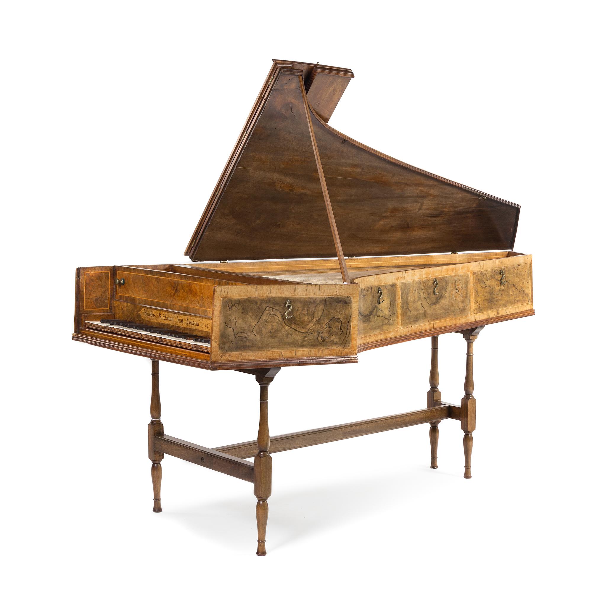 An English Burl Walnut Harpsichord Height 35 1/2 x width 36 x depth 90 inches. — JACOBUS KIRCKMAN, LONDON, 18TH CENTURY