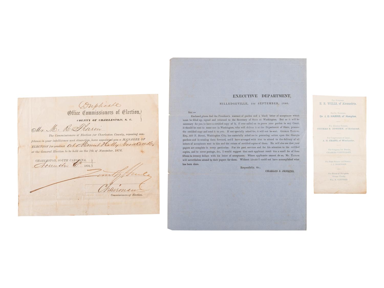 [RECONSTRUCTION]. A group of documents, pamphlets, and other ephemera concerned with post-Civil War politics, education, and pardons, comprising: