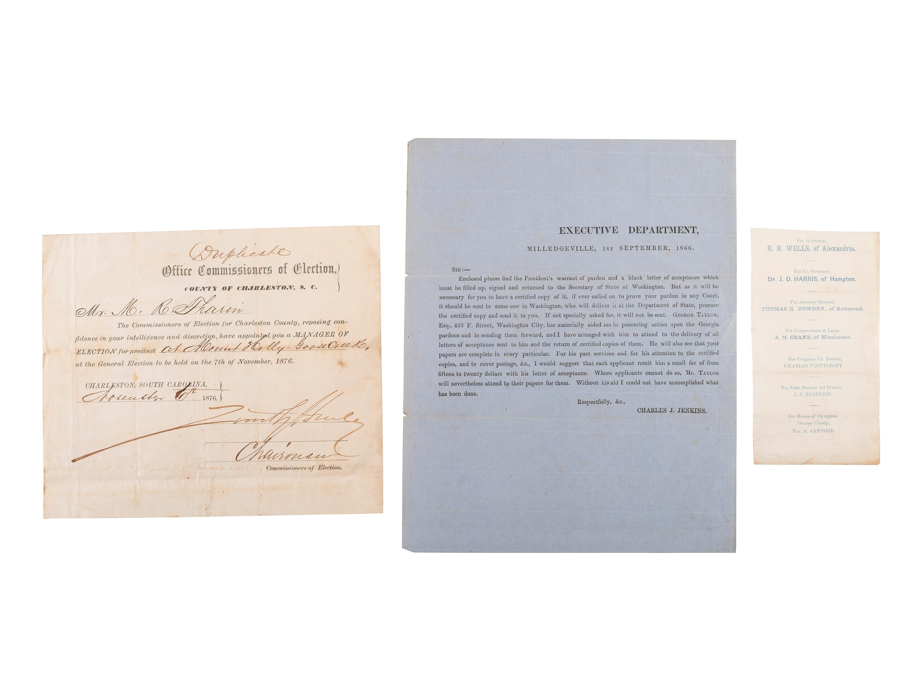 [RECONSTRUCTION]. A group of documents, pamphlets, and other ephemera concerned with post-Civil War politics, education, and pardons, comprising: