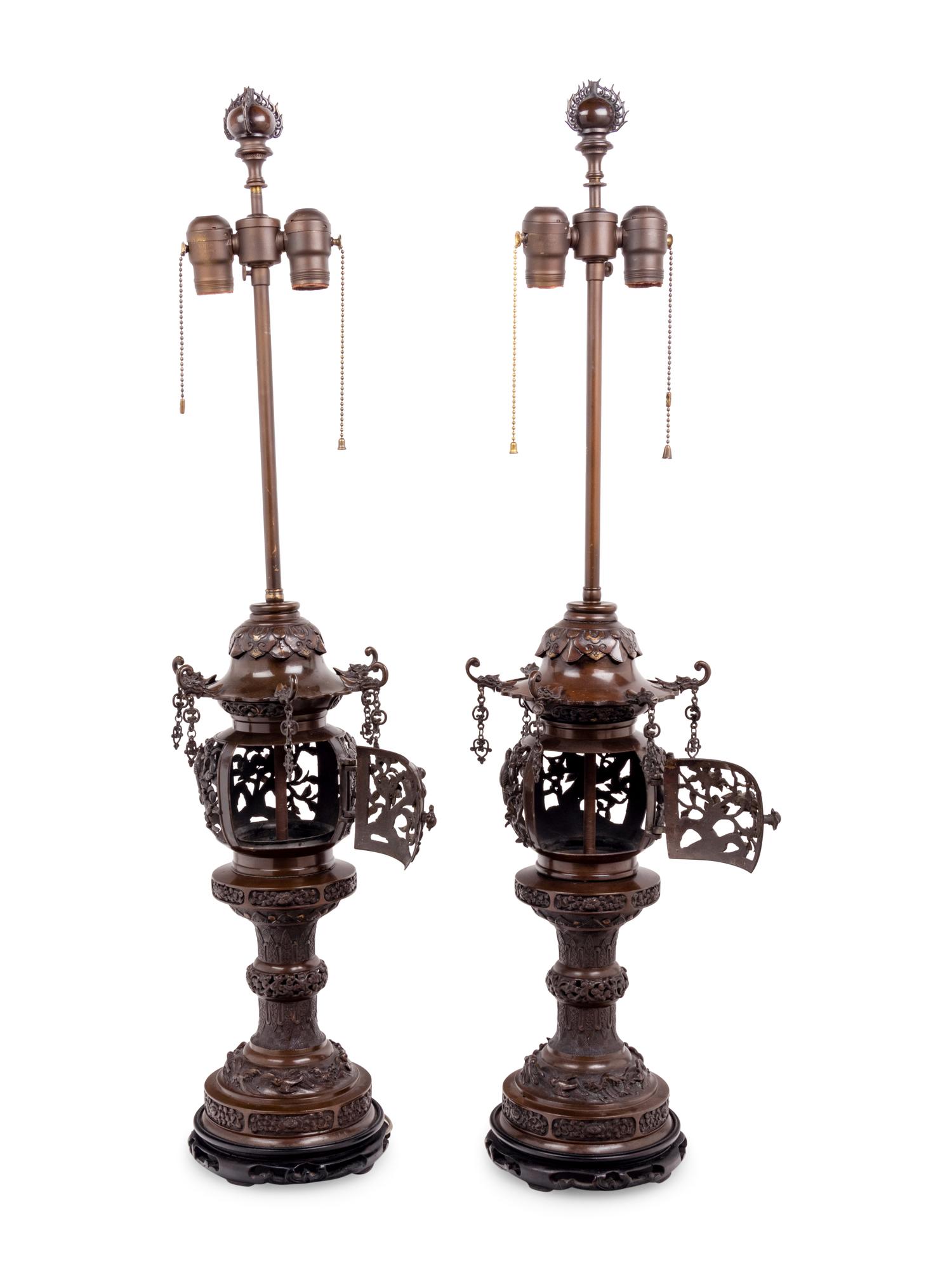 A Pair of Bronze Censers Mounted as Lamps