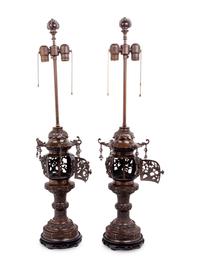 A Pair of Bronze Censers Mounted as Lamps