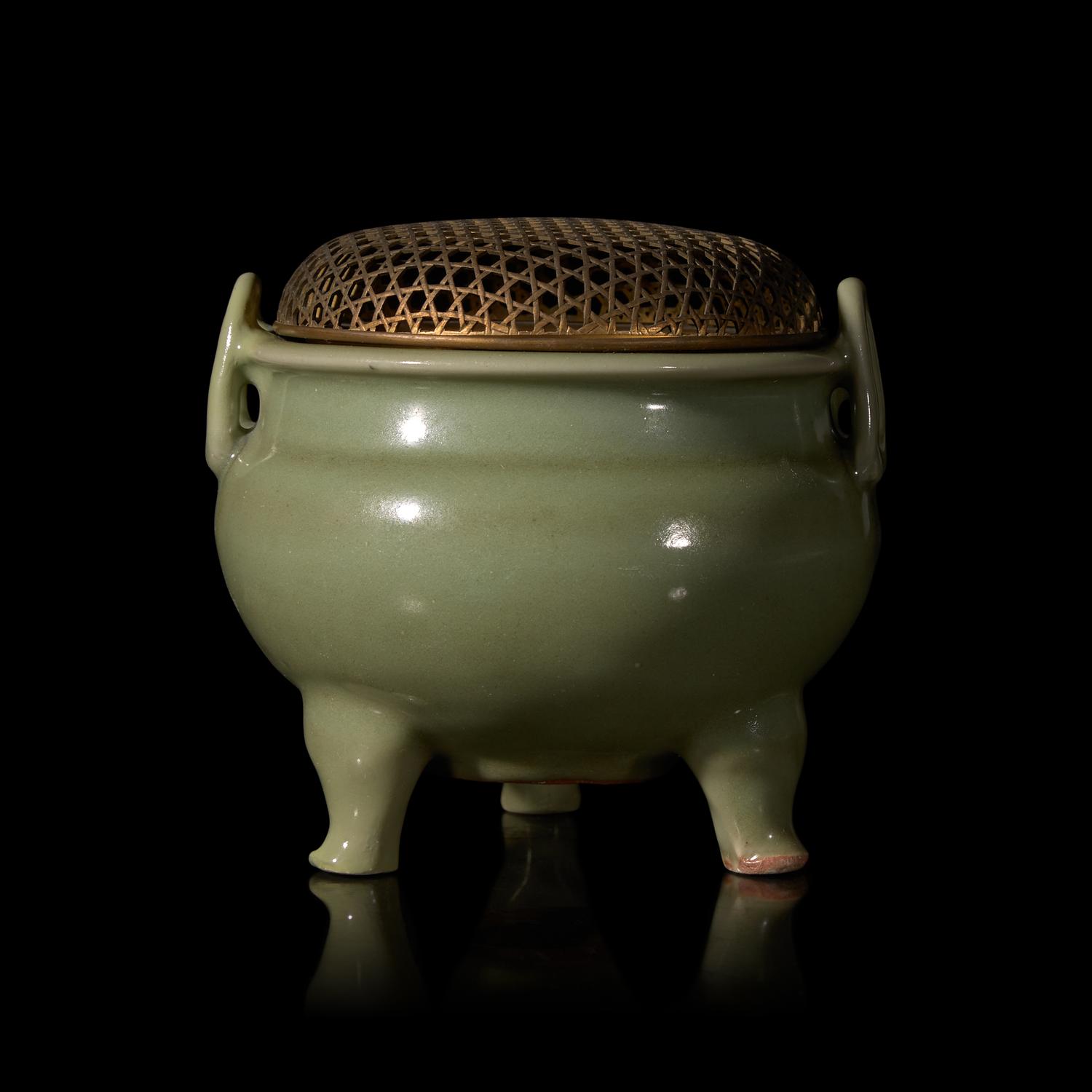 A Chinese Longquan Celadon Glazed Porcelain Incense Burner 龍泉青瓷雙耳三足爐