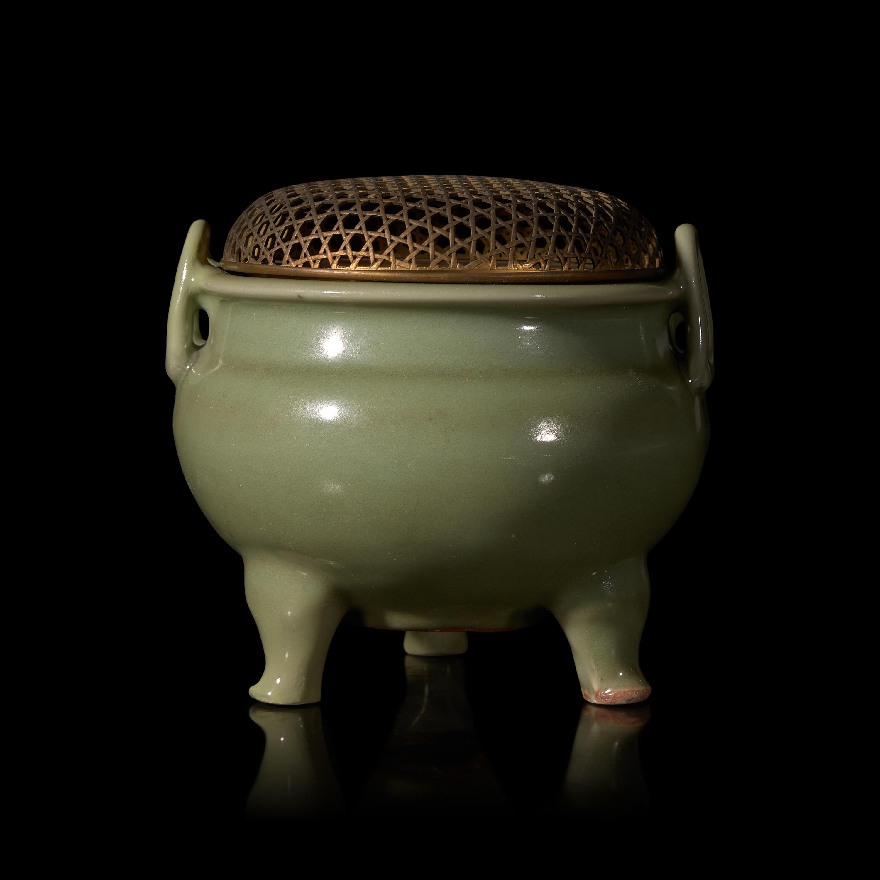 A Chinese Longquan Celadon Glazed Porcelain Incense Burner 龍泉青瓷雙耳三足爐
