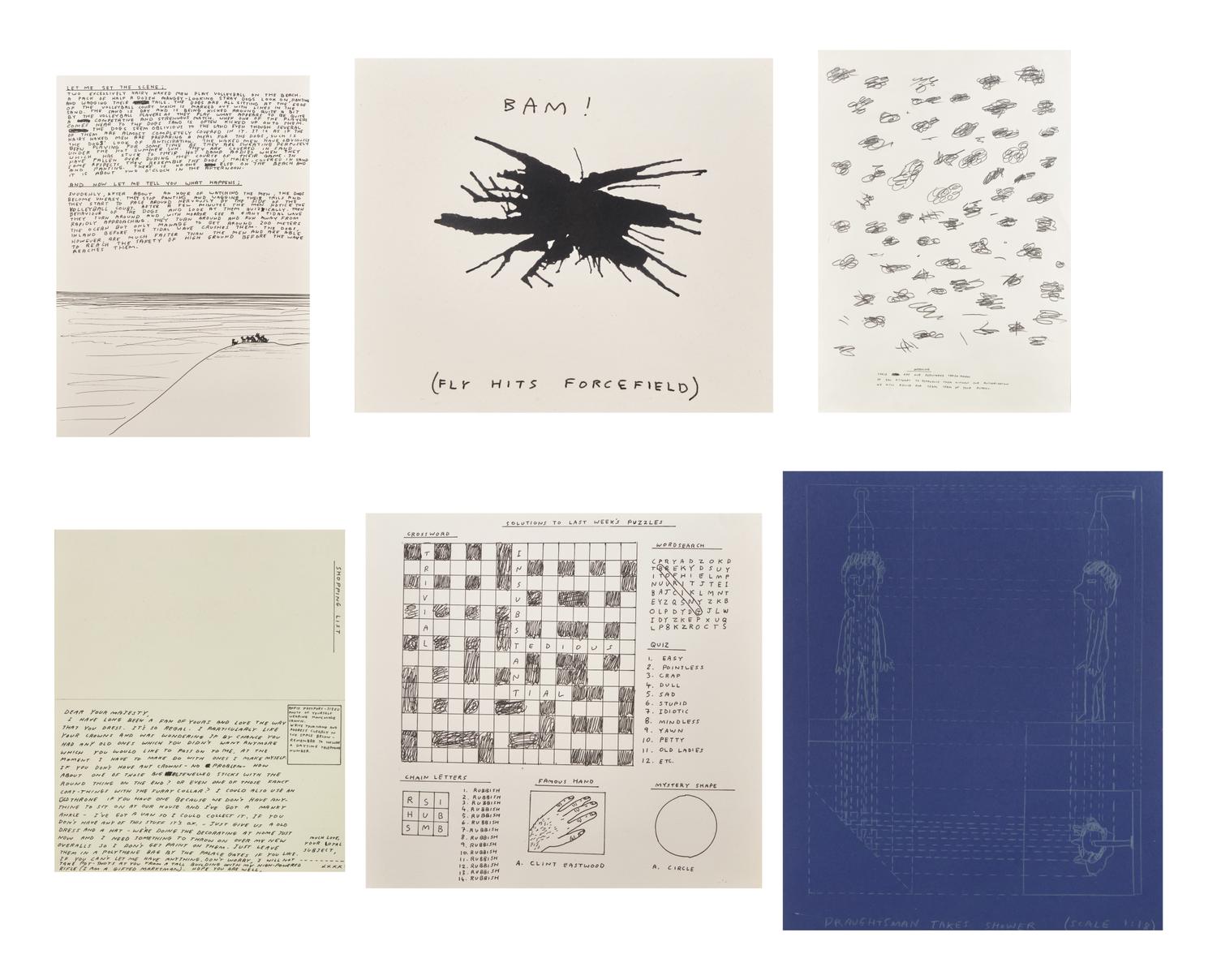 Untitled (Bam!) , 1997, Untitled (Draughtsman takes a shower) , 1997, Untitled (Dear Your Majesty) , 1997-99, Untitled (Trademarks) , 1999, Untitled (Crossword) , 1998 and Untitled , 2003 (a group of 6 works)