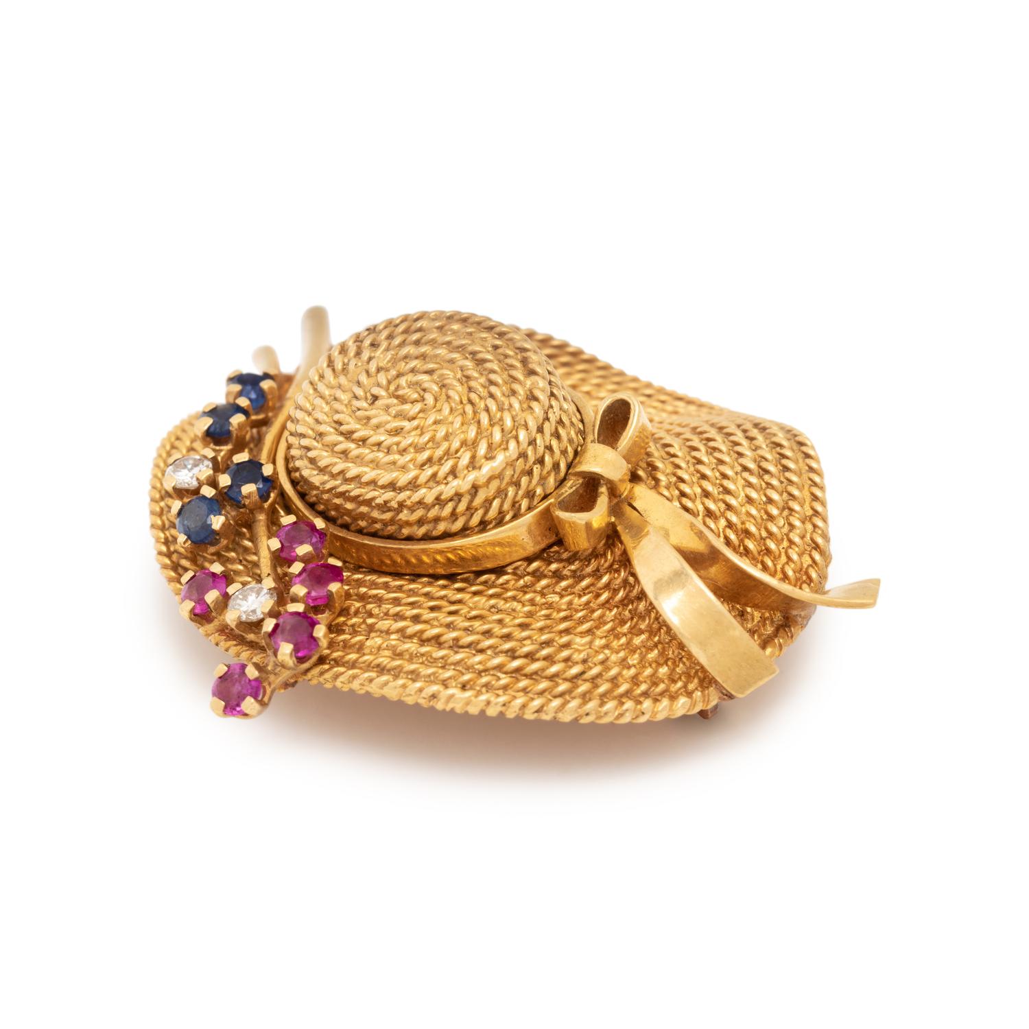 YELLOW GOLD, GEMSTONE AND DIAMOND HAT BROOCH