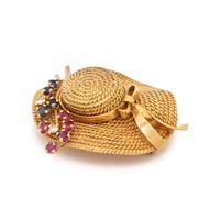 YELLOW GOLD, GEMSTONE AND DIAMOND HAT BROOCH