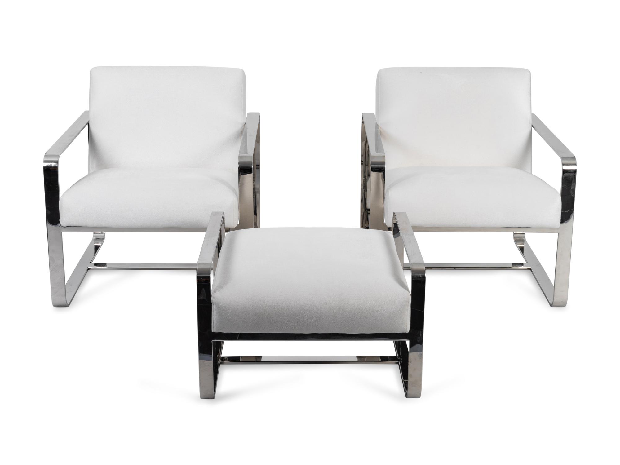 A Pair of Mitchell Gold Chromed Armchairs and Ottoman — 21ST CENTURY