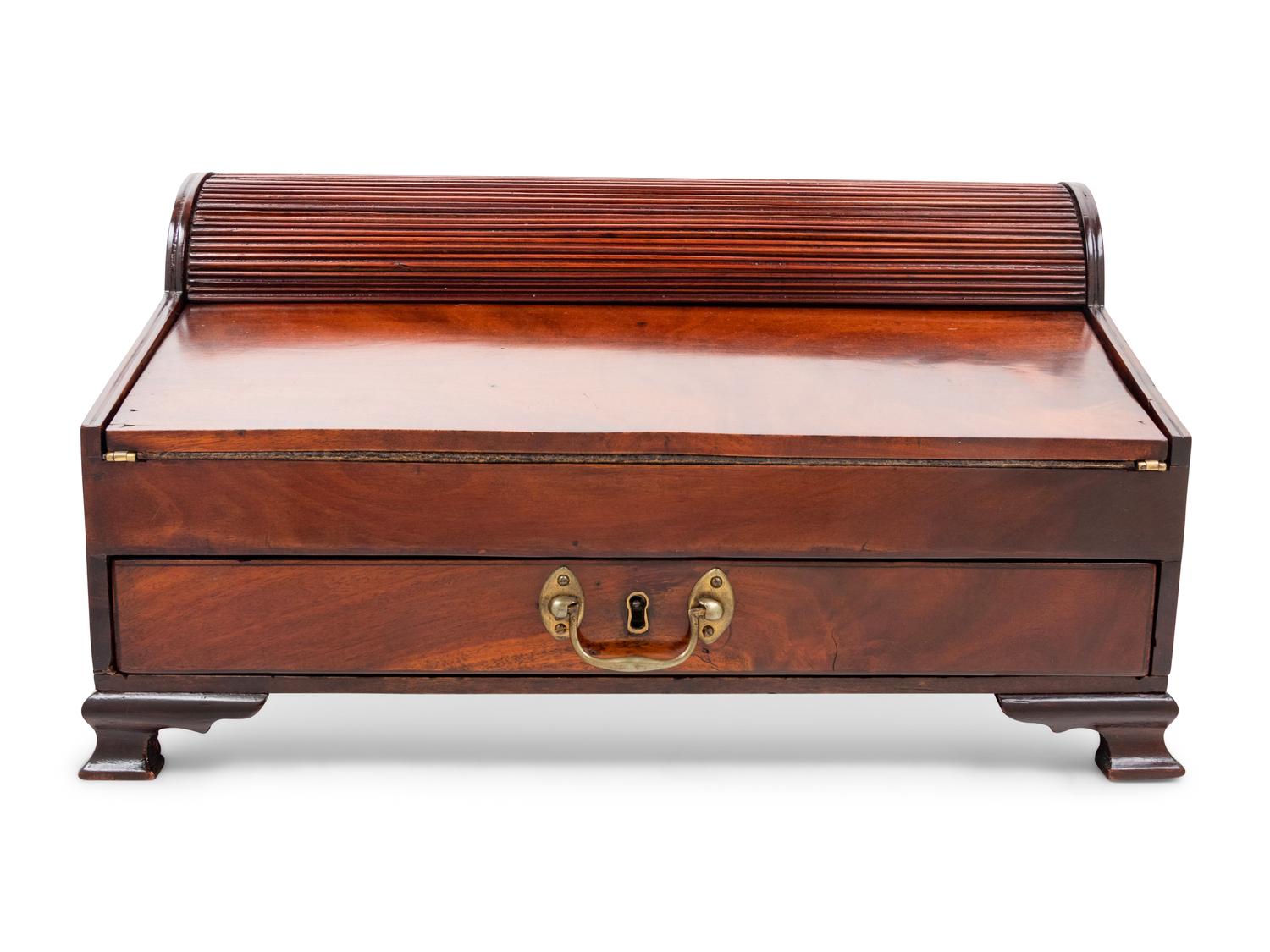 A George III Tambour Top Brass Mounted Mahogany Writing Slope and Stationary Box