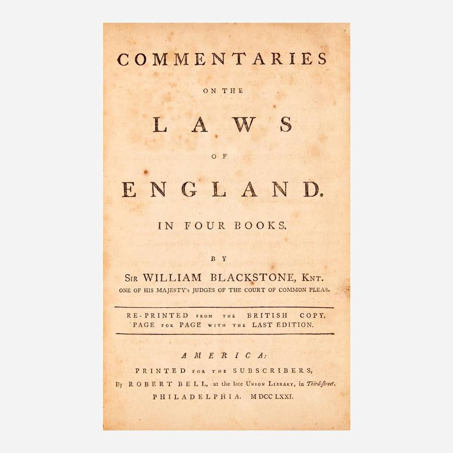 [Americana] [Law] Blackstone, William Commentaries on the Laws of England