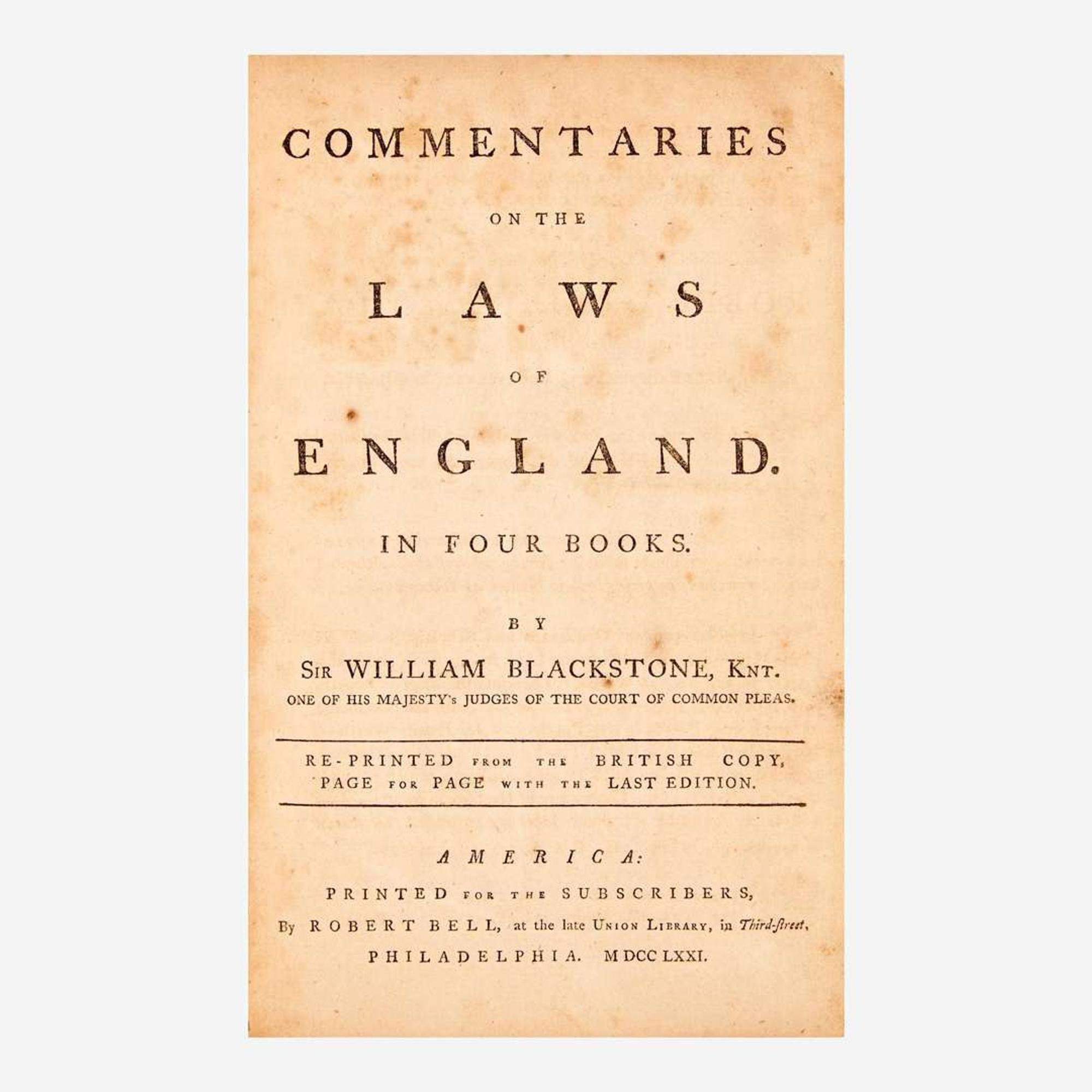 [Americana] [Law] Blackstone, William Commentaries on the Laws of England