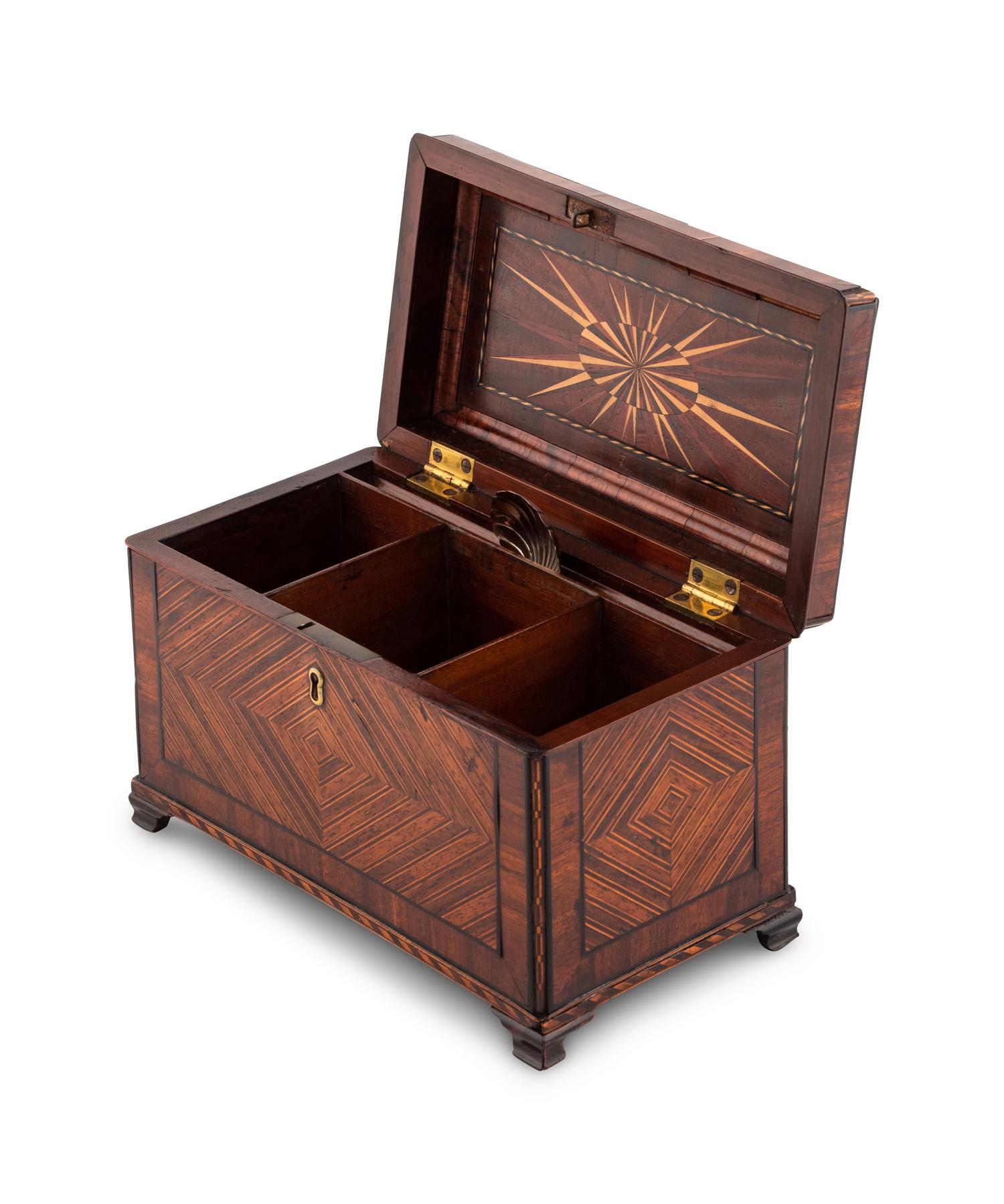 A George III Tulipwood, Ebony and Fruitwood Parquetry Tea Caddy
