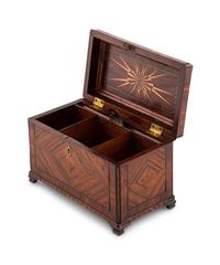 A George III Tulipwood, Ebony and Fruitwood Parquetry Tea Caddy