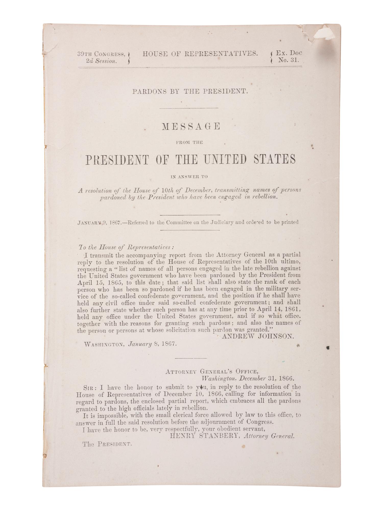 [CIVIL WAR] JOHNSON, Andrew (1808-1875). Partly-printed Presidential pardon stamp-signed by Johnson.