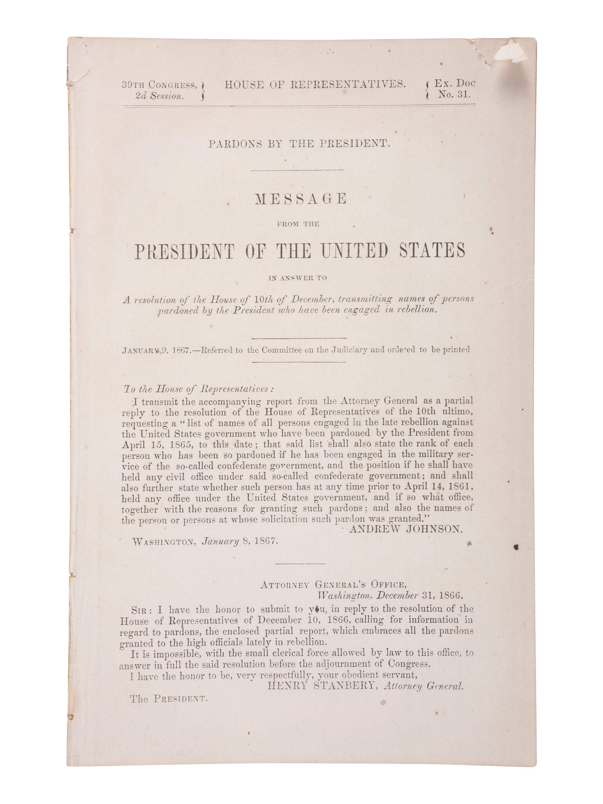 [CIVIL WAR] JOHNSON, Andrew (1808-1875). Partly-printed Presidential pardon stamp-signed by Johnson.