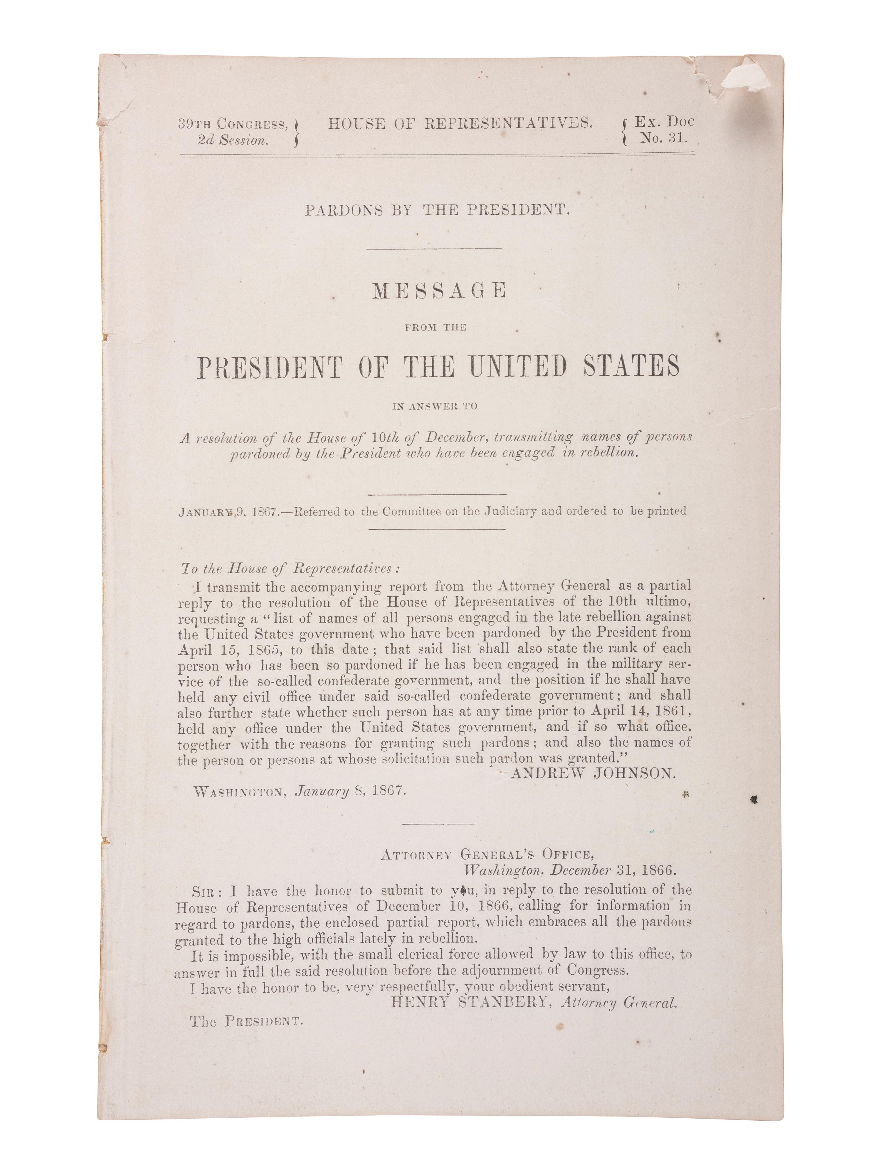 [CIVIL WAR] JOHNSON, Andrew (1808-1875). Partly-printed Presidential pardon stamp-signed by Johnson.