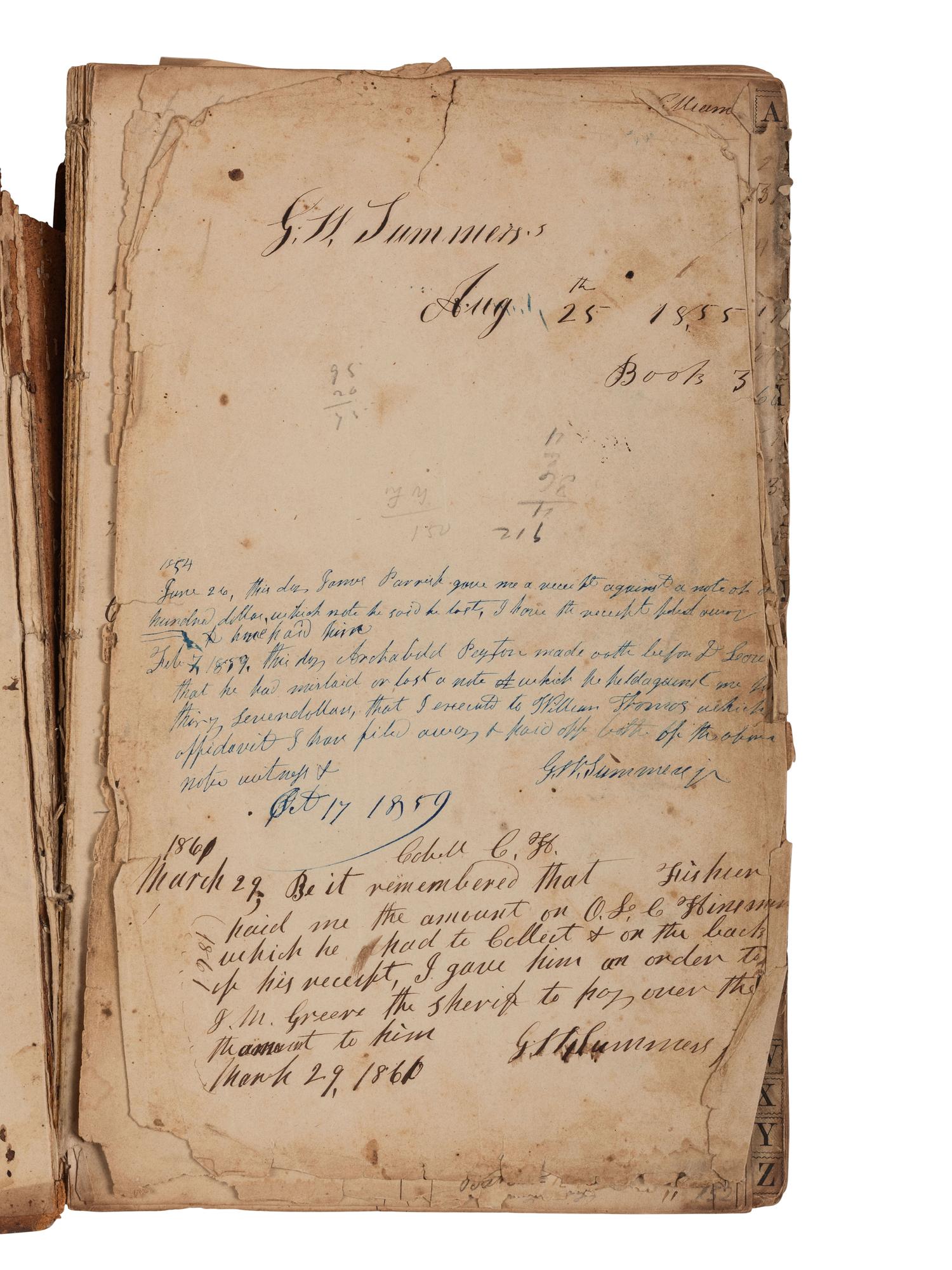 [CIVIL WAR]. A group of 3 ledgers associated with George W. Summers of Grant, Cabell County, (West) Virginia, documenting tensions between Union forces and Confederate sympathizers.